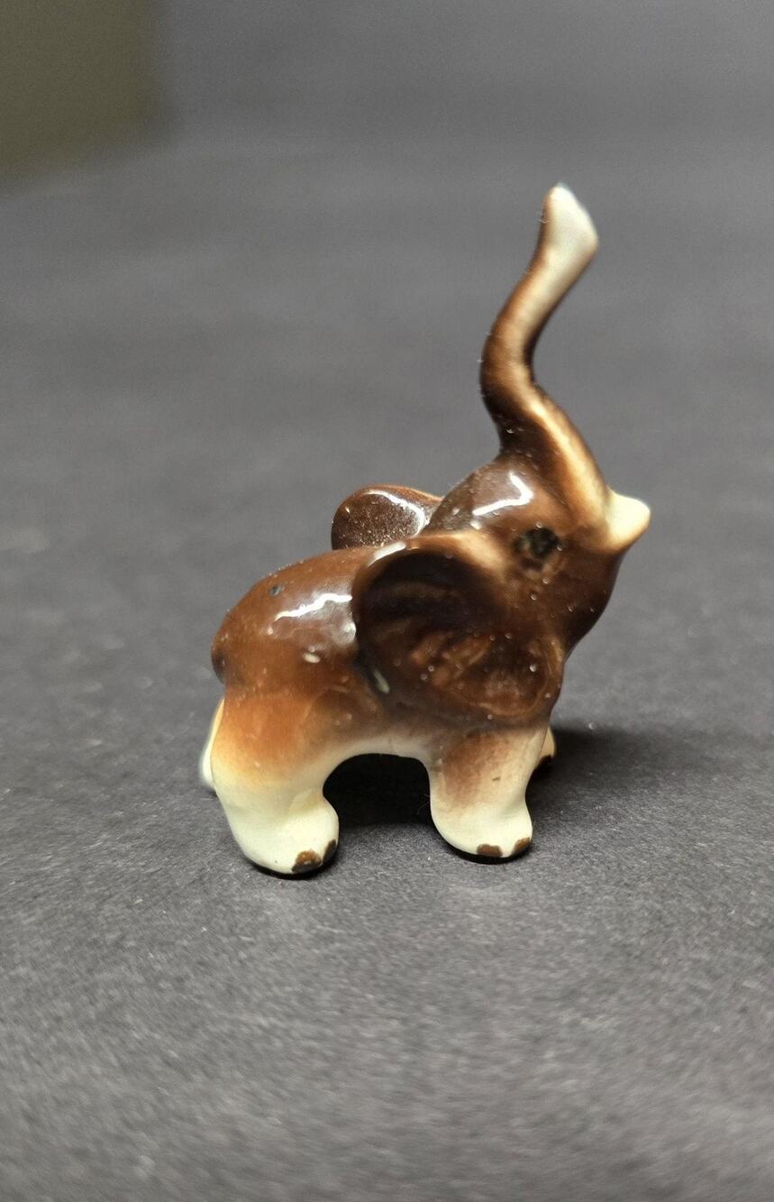 Brown White Porcelain Elephant Figurine Small Mini Animal Home Decor Wildlife